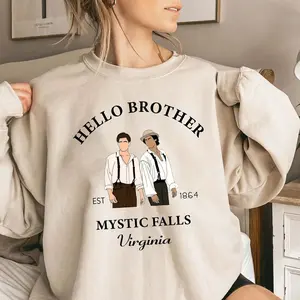 Hello Brother T-Shirt Sweatshirt Hoodie, Vampire Diaries Fan T-shirt Adult Mystic Falls Virginia T-Shirt, Salvatore Brothers Fan Gift Shirt Cotton Crewneck Womenswear Polyester Print Sweaters