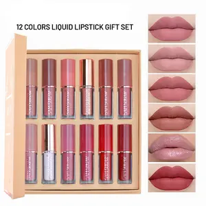 SAM SUGAR 12pcs/Box Velvet Matte Lip Gloss Set Hydrating Lipgloss Waterproof Long-wear Liquid Lipstick Kit Soft Matte Lipstick Glitter Matte Lips Glamour Gloss Daily Makeup Women Cosmetics
