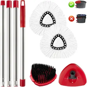 Spin Mop Set, Compatible with O-Ceda EasyWring 1-Tank Spin Mops 2 Microfiber Mop Head Refills, 30–58 in Stainless Handle, Scrubber Brush Head and Spin Base (M, Round)