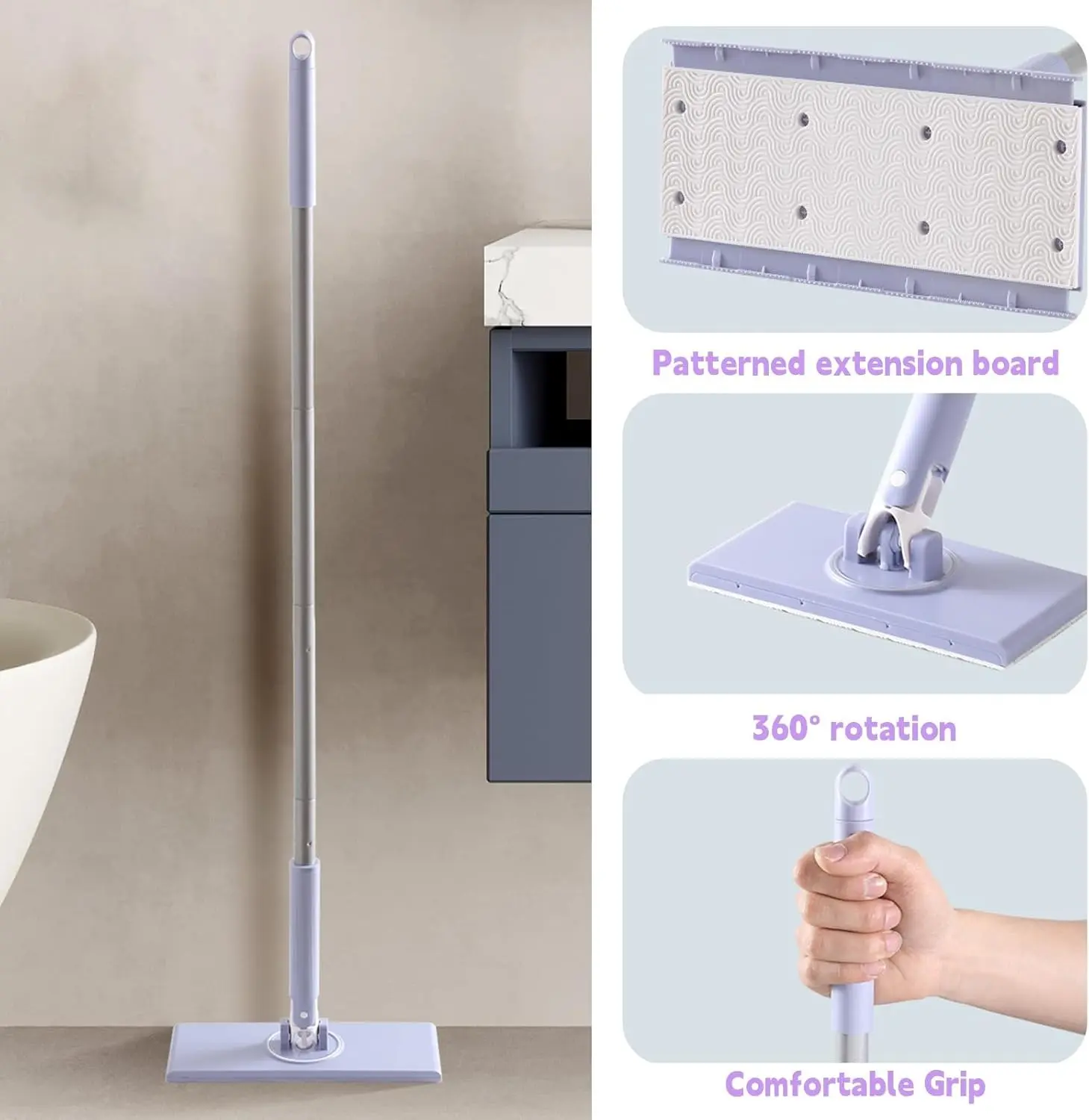 Multi functional cleaning mop system, equipped with a dedicated towel, extendable handle, wall and cabinet cleaner. (Purple, 115cm)