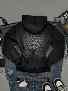 Vintage Punk Style Hooded Long Sleeve Jacket Set, Thick Retro Design, Baroque Print, Perfect for Fall & Winter, Shopping