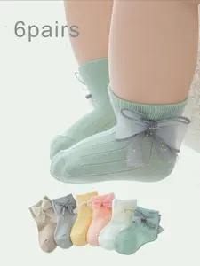6 Pairs New Baby Girl Socks, Spring Summer Fall Toddler Socks, Bowknot Trim Princess Socks, Korean Style Infant Girls Socks