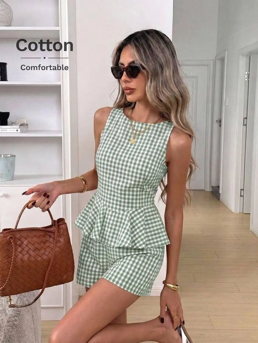 2pcs/Set Sleeveless Ruffle Hem Blouse Vest And Elastic Waist Shorts, Red And White Plaid, Summer Picnic Vacation French Style Elegant