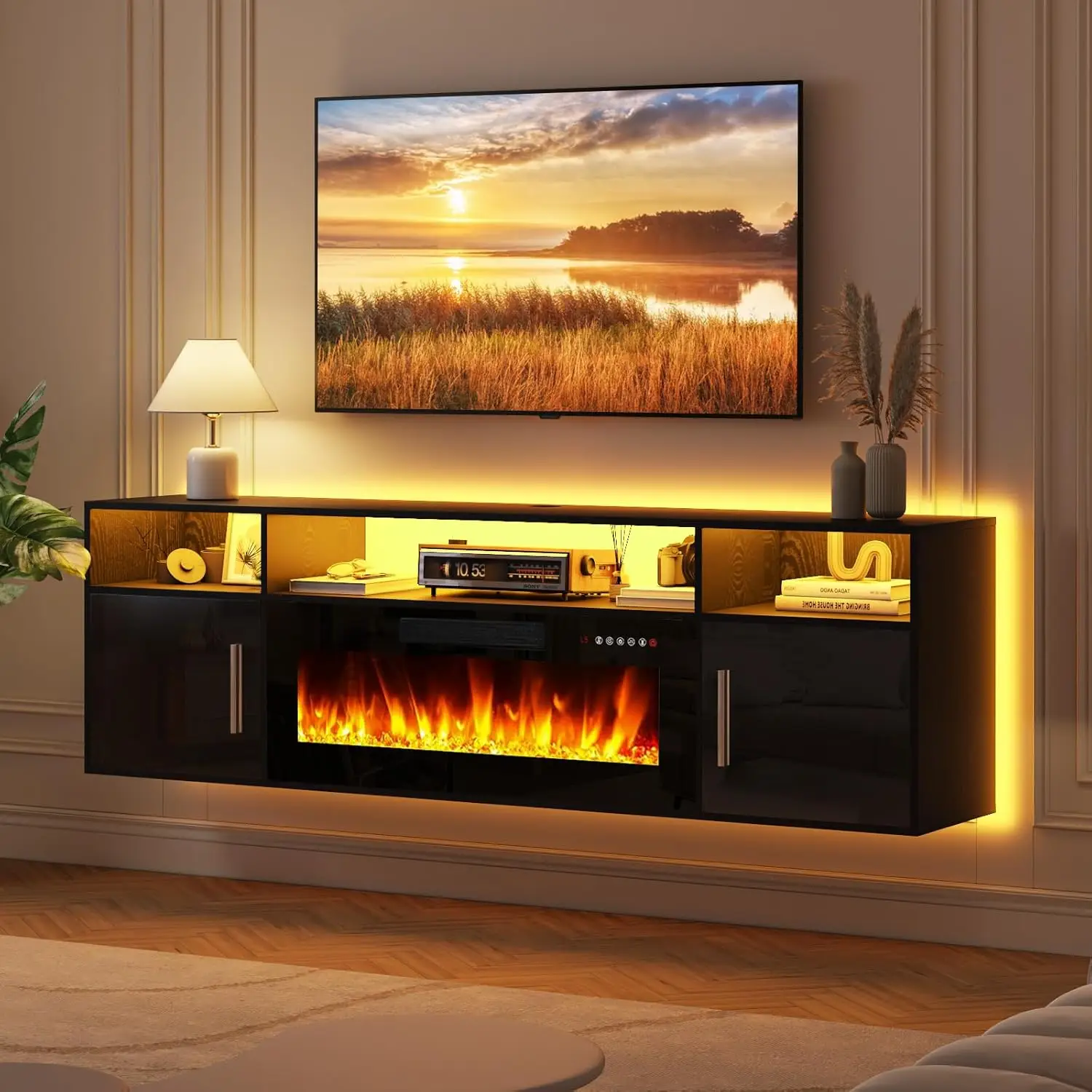 【2 Packages Shipping】PUKAMI Floating Fireplace TV Stand 70'' Wall Mounted Shelf, LED Light Entertainment Center and Storage, Modern Wood Media TV Cons