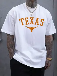 Vintage Texas And Longhorn Print Men's Washed And Distressed Print Round Neck Short Sleeve Casual Fitted T-Shirt