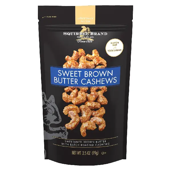 Sweet Brown Butter Cashews Gourmet Roasted Cashew Nuts Snack, Gluten Free & Vegetarian, Premium Buttery Flavored Cashews, Healthy Crunchy Snack, 3.5 oz Resealable Bag