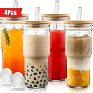 4 One, Glass Cup (with Lid and Straw),24 Oz Mason Jar, with Sealing Lid, Boba Cup Slush and Shake Maker-Wide Mouth Reusable Iced Coffee Cup