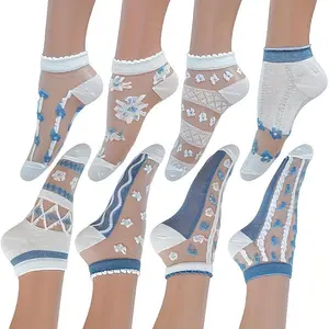 10 Pairs (Random Styles) Of Summer Women's Blue And White Thin Crystal Cool And Breathable Hollow Glass Mesh Eye Card Short Socks Floral Print Lace Border Blue And White Elegant Boat Socks Classic And Versatile, Suitable for All Seasons