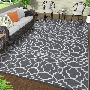 GARVEE Waterproof 8'x10' Outdoor Rugs for Patios Reversible Patio Mat, Indoor/Outdoor RV Camping Carpet, Large Plastic Straw Area Rug for Porch, Deck, Balcony, Backyard, Grey/White