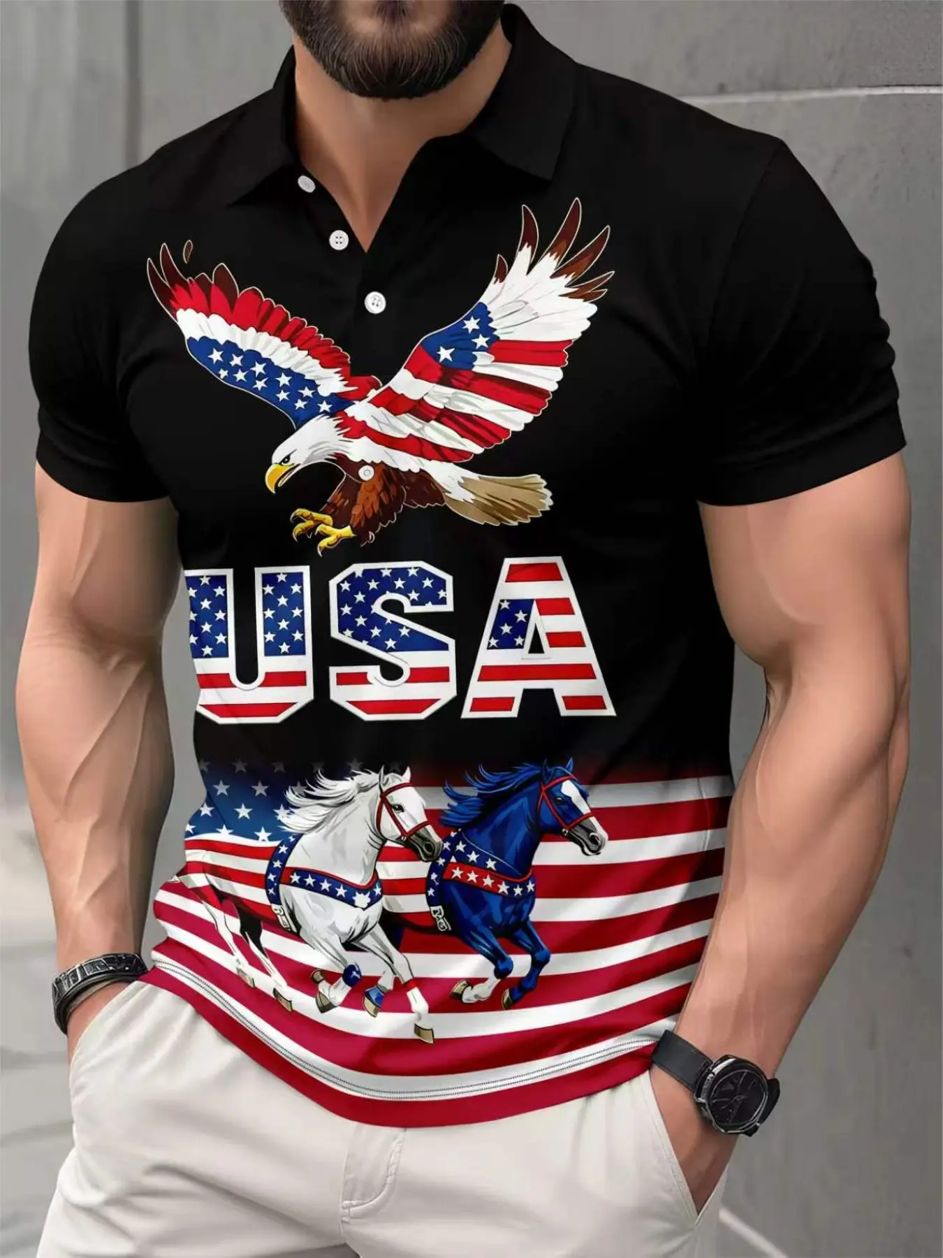 Men's Patriotic Usa Eagle and Horse Pattern Collared Polo Shirt, Graphic Buttoned Polo Shirts, Printed Polo Tops, Polo Style, Casual Loose-Fitting Hoodie Jumper, All Seasons Random Print Top