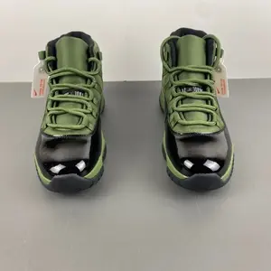 Brand New Sealed Unisex Olive Green Suede Mid Top Retro Basketball Sneakers, Black Patent Leather Overlays Black Rubber Outsole Flat Green Laces Breathable Mesh Casual Street Sports Shoes With Original Shoe Box