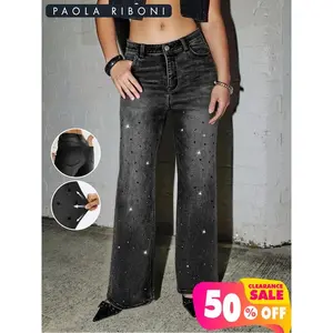 Women’s high-stretch rhinestone straight-leg jeans, casual fitted long regular fit, button fly, pockets, fall and winter