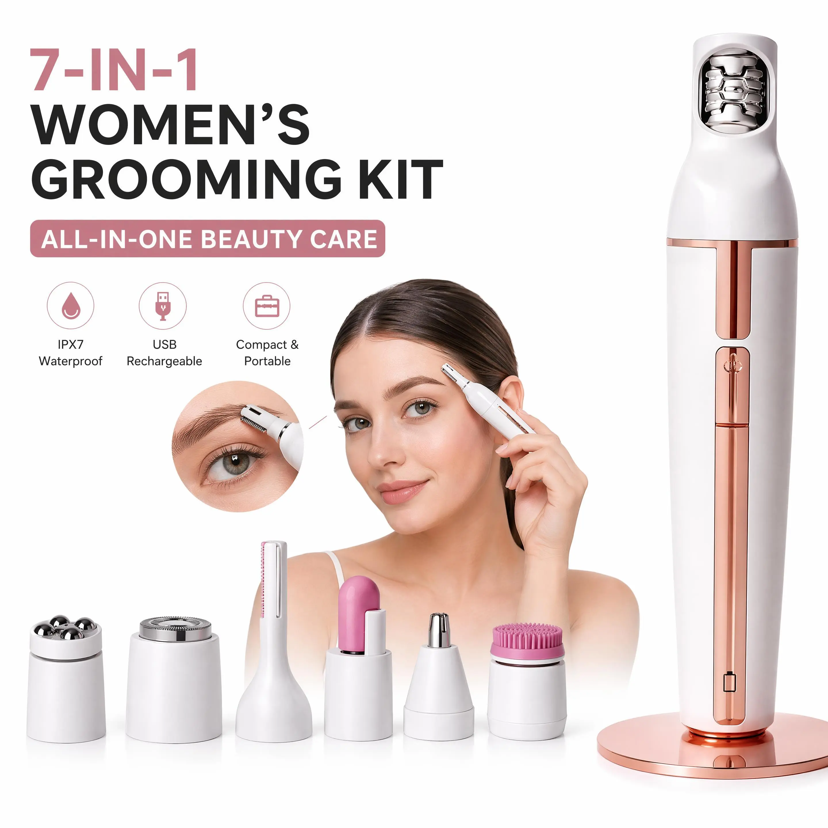 Women's 7-in-1 Facial Grooming Kit Set - Painless Hair Removal Dermaplaning Tool, Eyebrow Trimmer, Face Massager, Cleansing Brush, Handheld Skincare Wand with Built-in Lithium, Detachable Head, Easy Swap, High-grade Metal