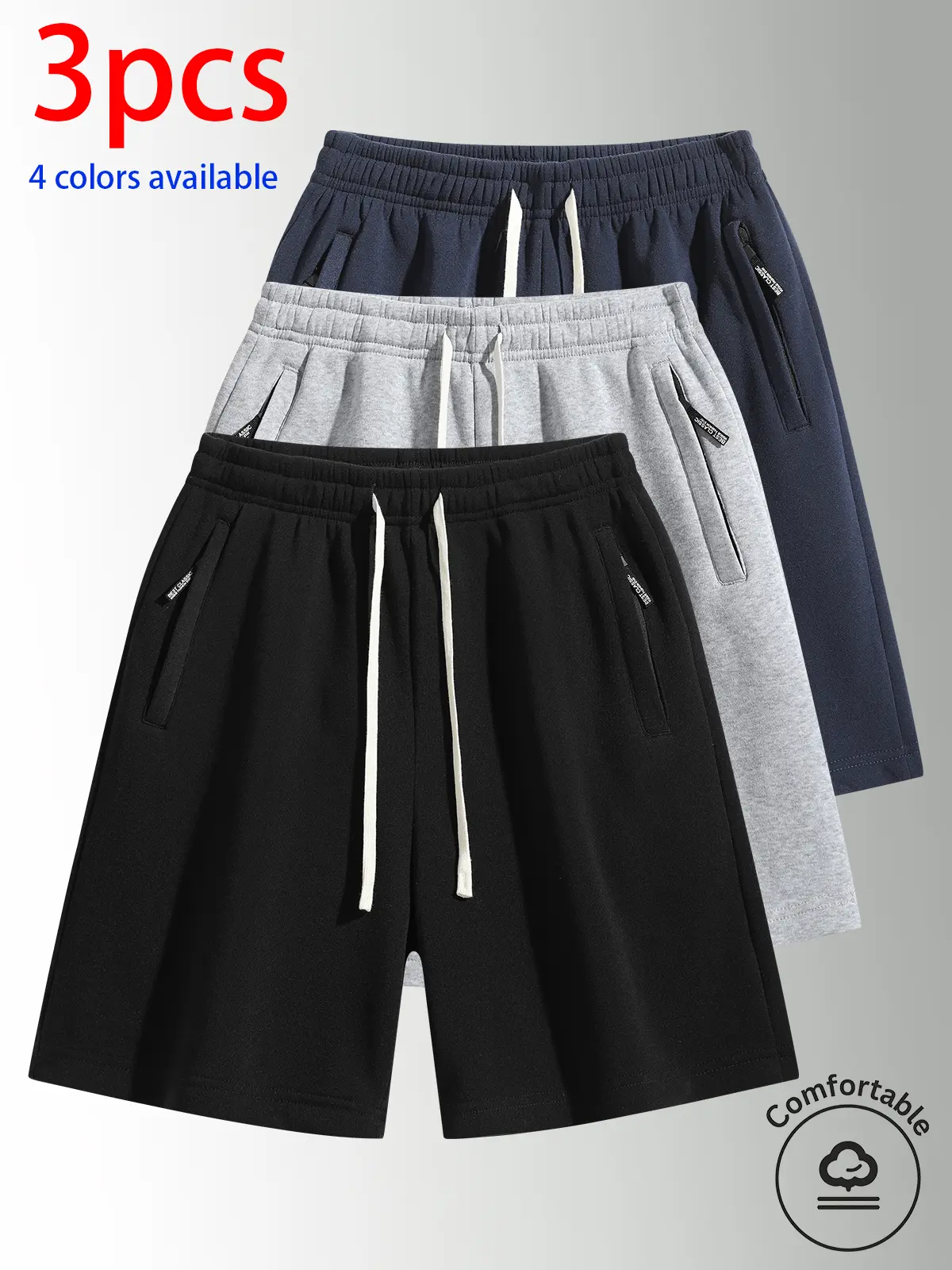 3-pack men's shorts, men's casual athletic shorts, men's knee-length shorts.Side pocket design, loose fit with a cinched waist paired with a long white drawstring—loose yet not constricting; suitable for sports/fitness, everyday outings, and home leisure