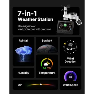 VEVOR 7-in-1 Wi-Fi Weather Station, 7-Inch TFT Display, Wireless Solar Powered Outdoor Sensor, Rain Gauge, Indoor Outdoor for Weather Forecast, Wind Speed Direction, Temperature, Humidity, Rainfall