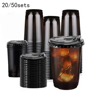 20/50 Pack 16oz Plastic Party Cups with Lids, Disposable Flat Bottom No Handle, Ideal for Halloween Parties, Weddings, Catering Events