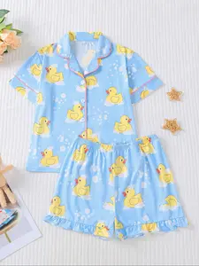 Cute Full Print Duck Pajama Set, New Fire Retardant Fabric Short Sleeve Shorts, Casual Fitted Home Wear for Kids, Cartoon Print Pajama