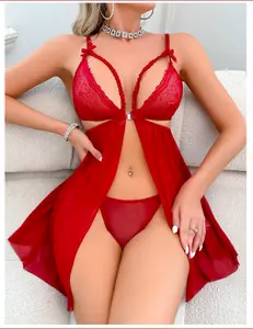 2pcs Nightgown Set Breathable Trevino Fabric Floral Lace Corset Bodysuit Adjustable Thong Underwear Romantic Lingerie for Women's Nightwear Fabric Lace Womenswear Bras Elegant Loungewear Overall Patchwork Basic Minimalist Sleeveless