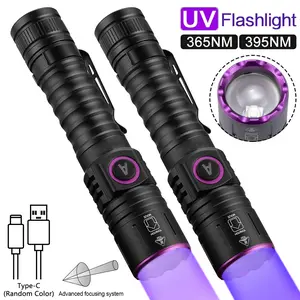 UV Flashlight 365nm 395nm Dual Wavelength, 5W UV LED Blacklight Flashlight Type-C Rechargeable Aluminum Alloy UV Light, Pet Urine Scorpion Detector for Fluorescent Agent Currency License Passport Authenticate Oil Leak Ore Detection