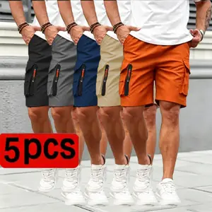Men’s new cargo shorts five-piece set — summer loose casual knee-length shorts with zippered pockets, suitable for outdoor sports and solid-color everyday wear; casual athletic shorts, TikTok Shop Spring Refresh collection