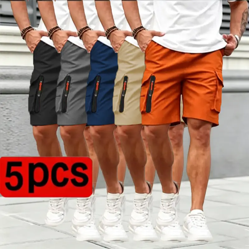 Men’s new cargo  five-piece set — summer loose  knee-length  with zippered pockets, suitable for outdoor sports and solid-color everyday wear;  athletic , TikTok Shop Spring Refresh collection Versatile  Casual Breathable men's shorts 5 pack