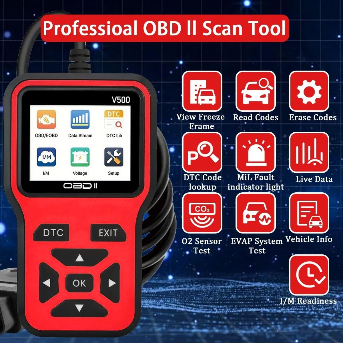 VTECH OBD2 Scanner Diagnostic Tool, check engine light Code Reader, DTC Lockup, Spark plugs check, O2 Sensor, EVAP System Test, Vehicle Info
