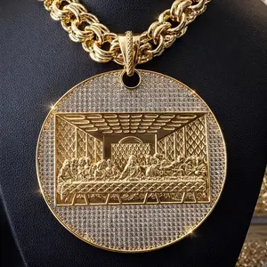 14K Gold Plated Last Supper La Ultima Cena Huge 3"x3" Pendant Tejido Chino Chain 28" 13mm Necklace Religious Unisex Piece