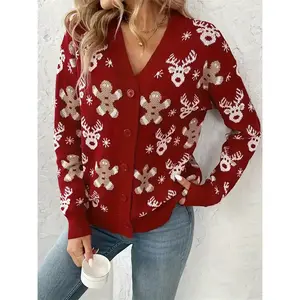 Women’s Christmas Sweater Coat, Autumn/Winter Loose Knit Cardigan, Elegant Deer Gingerbread Man Pattern, Casual Fashion Outerwear