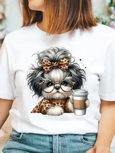 Stylish Shih Tzu Graphic Tee, Great for Relaxing, Outings, Or Presents| Perfect for Christmas, Valentine'S Day, Showcases a Cute Dog, Leopard Bow, And Coffee Mug, Making It an Attractive And Fashionable Option