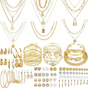 69 Pieces Gold Layered Alloy Jewelry Set, Dainty Multi-Layer Necklace Bracelet Earring Combo for Women, Geometric Rhinestone Accent Outfit Accessories for Daily Party Gifting