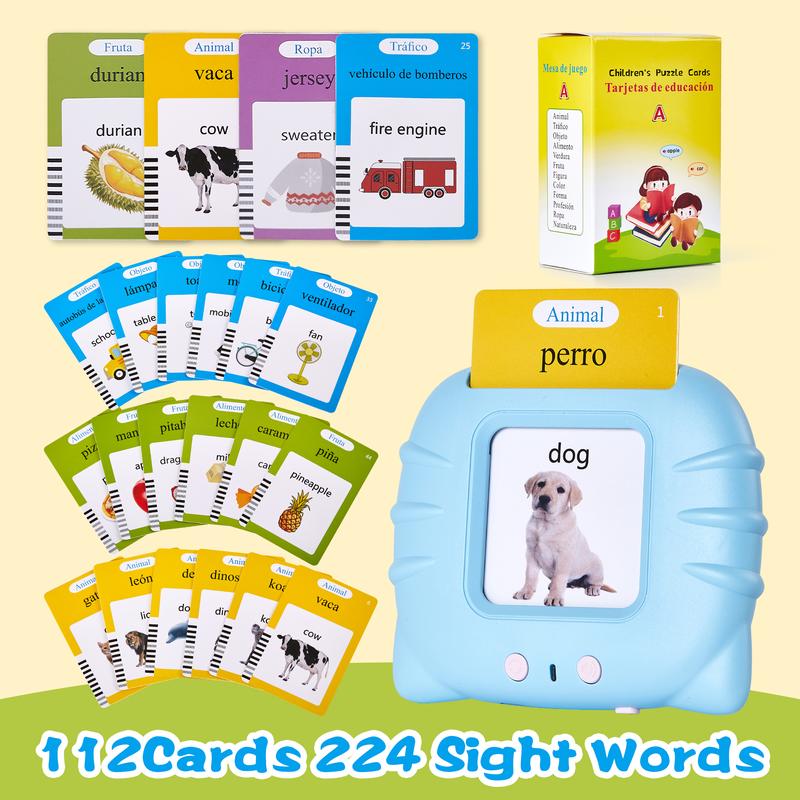 Spanish & English Talking Flash Cards for Toddler, Bilingual Flash Cards Learning Montessori Toys with 224 Sight Words, Speech Therapy Toys for Children Sensory Preschool Education Gifts