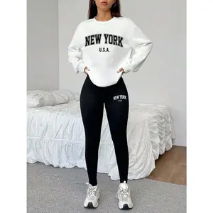 Set Casual Loose Round Neck New York Letter Print Sweatshirt And Skinny Leggings, Suitable For Street Style, Chic,Fall