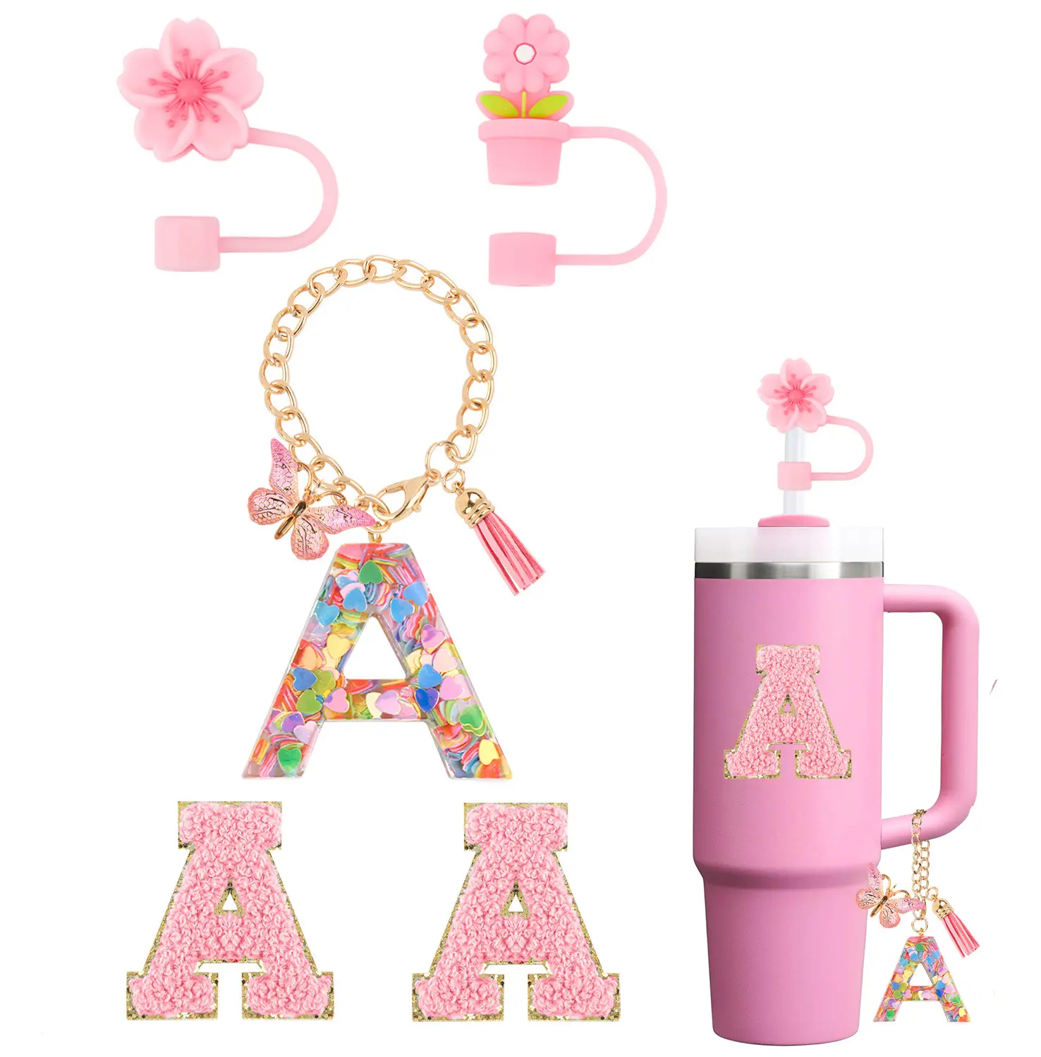 (no cup) Pink Cup Accessories for Stanley 30 oz 40 oz Tumbler with Handle,Stanley Stuff Decorations Including Flower Straw Cover Cap, Alphabet Handle Charm Initials, Sticker ,Total 5PCS