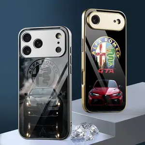 A-Alfa Romeos Sports car Design luxury fashion cool Protective Phone Case For iPhone 17 16 15 14 13 12 Pro Max Plus Electroplated Metal Bumper Case Slim Tempered Glass Back Shockproof Anti-Scratch Luxury cover Fashion Durable Stylish Funda