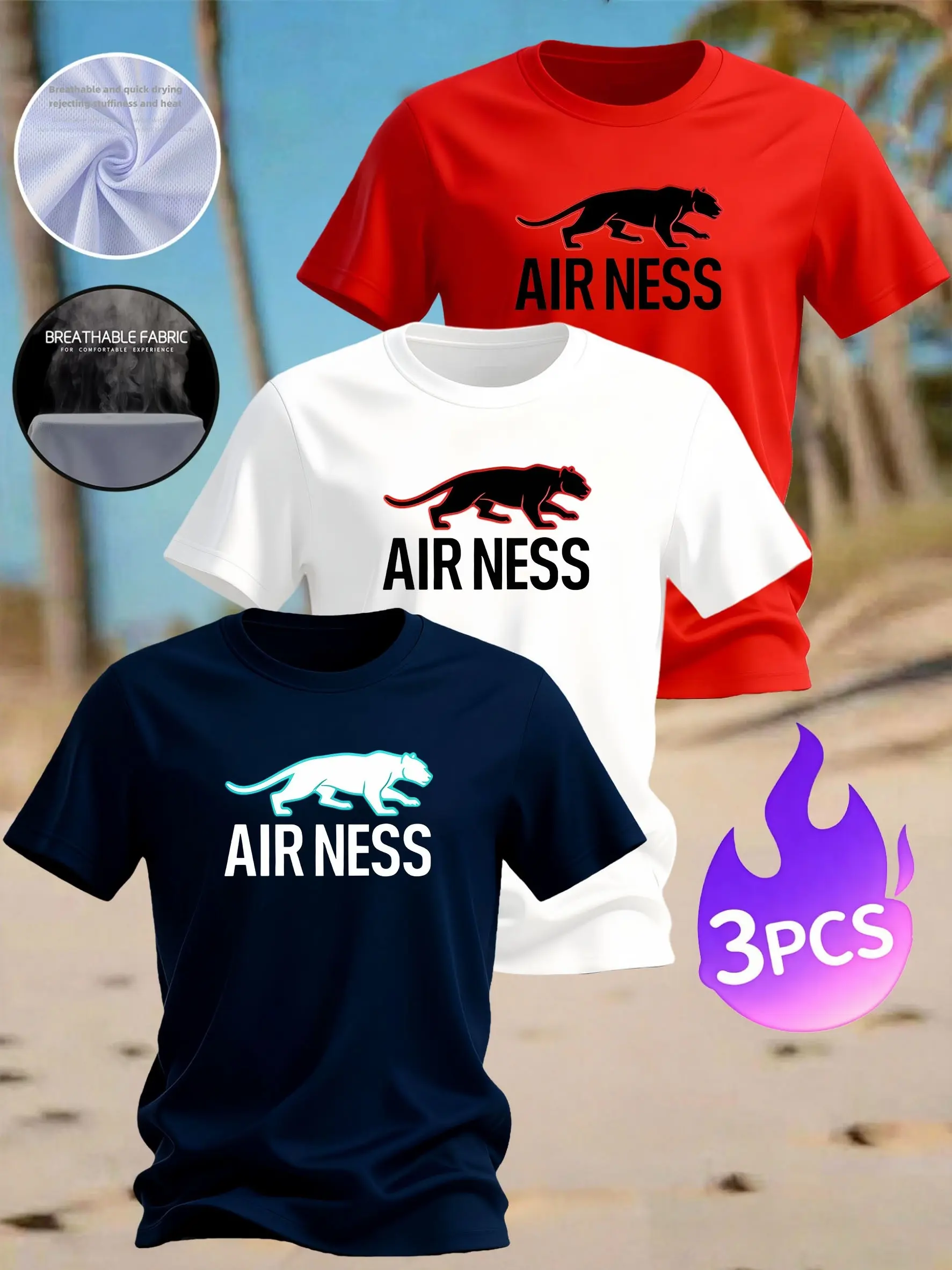Panther AIR NESS Print t shirts for men 3pcs Set, Men’s Graphic Tees Clearance Sale, Y2K Clothes Street Tops, Concert Wear Vacation Outfits Camisa Hombre Breathable Short Sleeve Tops Under $10 Summer Casual Wear For Guys