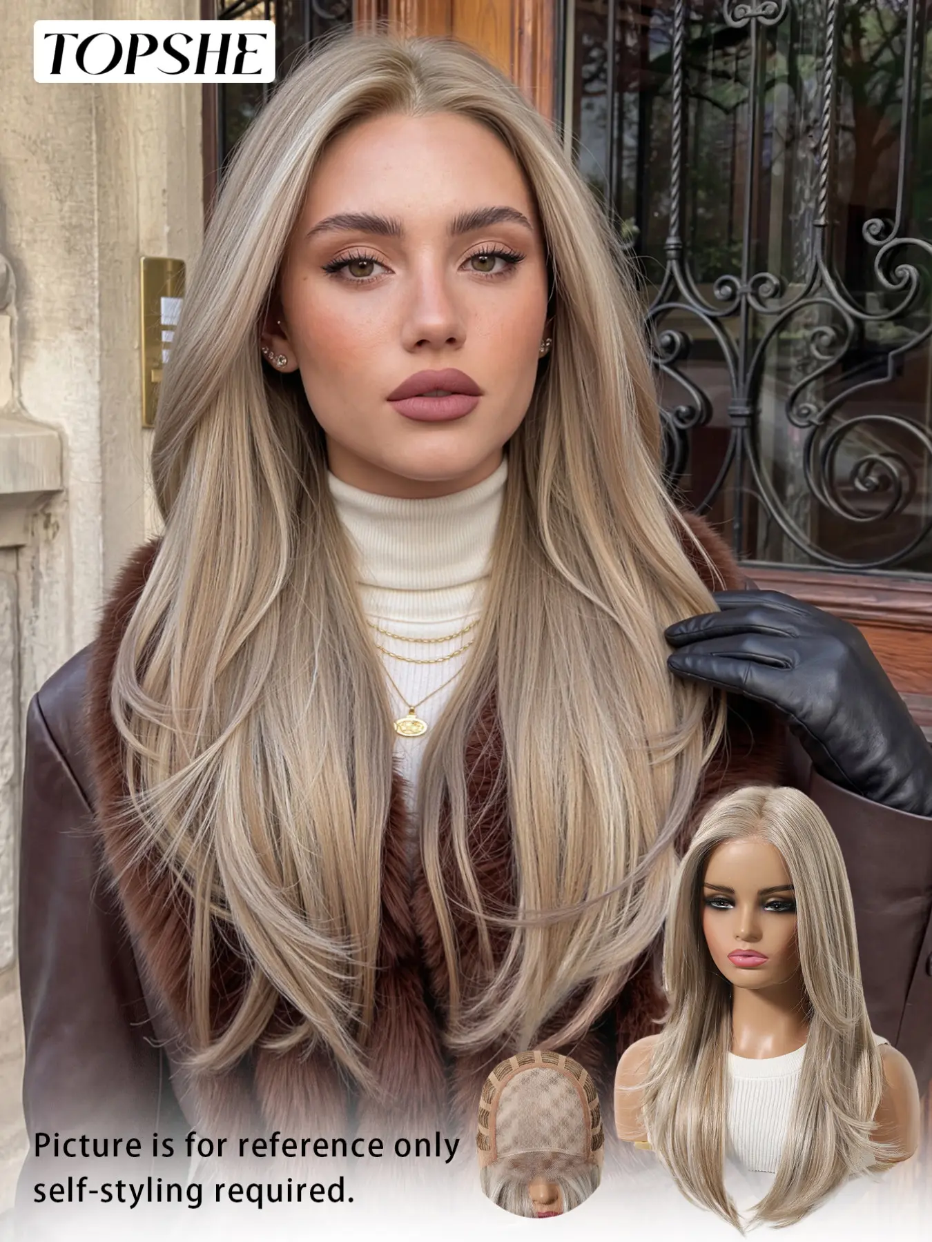 Topshe Mono Lace Wig, Light Gold Blonde Highlights Long Hair, Highlight Straight Wig, Synthetic Fiber Wig, Breathable Comfort, Natural Look, Easy Wear, Party Cosplay, Halloween, Christmas