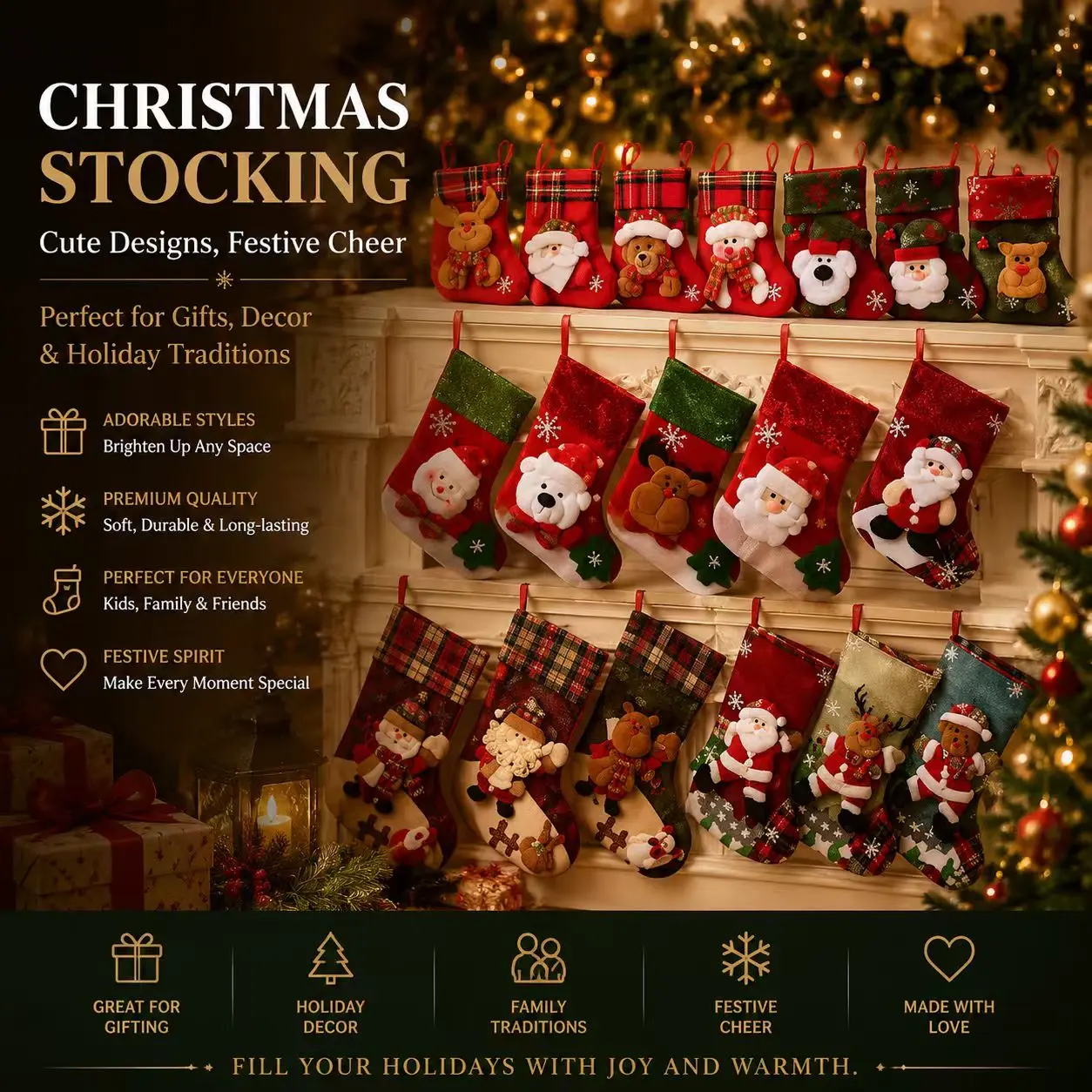 Christmas Stockings with Cute Santa Designs, Soft Holiday Stocking Decorations for Fireplace Mantel, Kids Gifts & Family Christmas Traditions