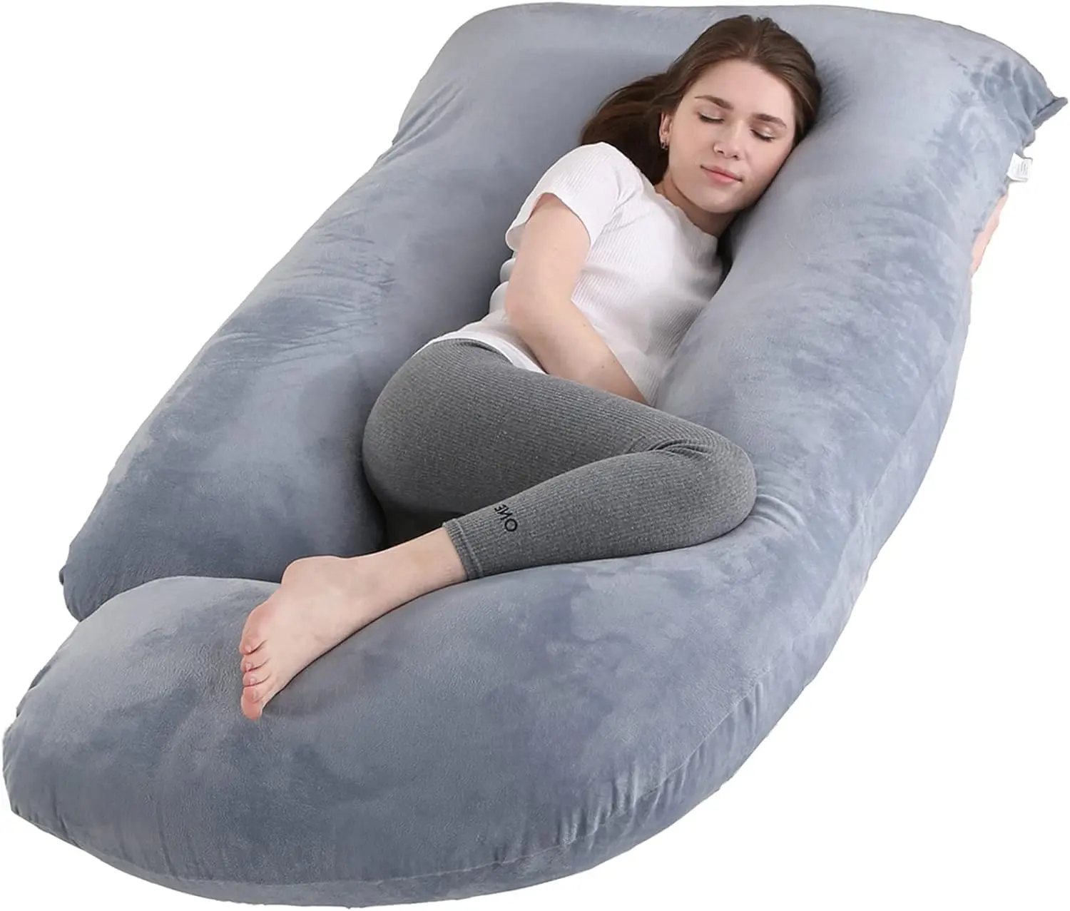 Women's J-Shaped Full Body Pregnancy Maternity Pillow, 59 inch Durable Stitching Velvet Cover with Removable Zipper, PP Cotton Fill, Adjustable Sleep Aid for Back Pain Relief & Nursing, Gray Plain Reading Pillow, Pregnancy Maternity Pillows