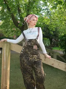 Women's Leopard Print Denim Overalls, Brown Camo Wide Leg Baggy Jumpsuit with Adjustable Straps & Cargo Pockets, Y2K Grunge Streetwear Casual Trousers