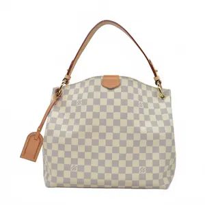 Pre-owned Louis Vuitton canvas Shoulder Bags $1980 Graceful PM Rose Ballerine White Damier Azur Tote RFID