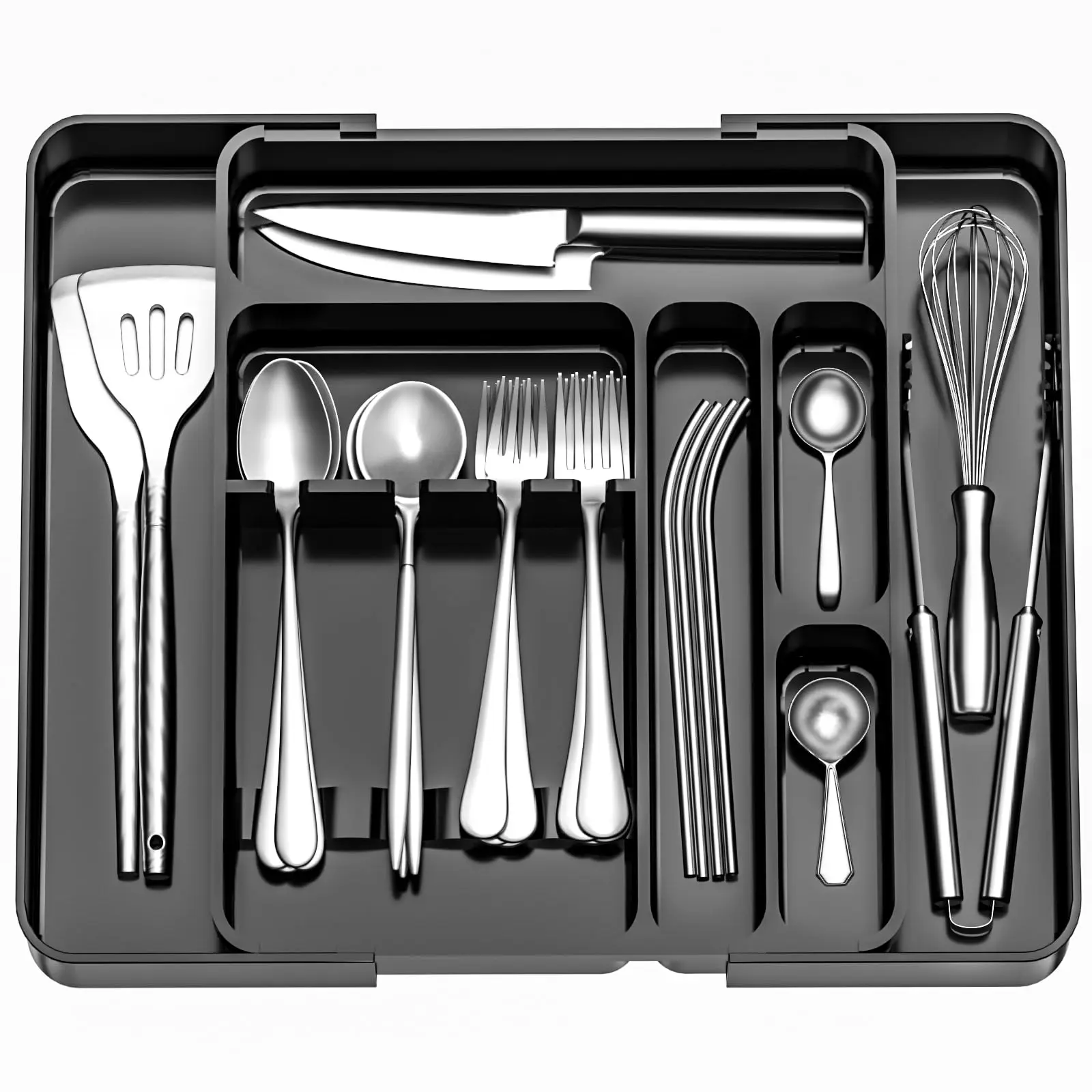 Expandable Silverware Drawer Organizer - Utensil and Cutlery Tray for Kitchen Drawers, Black