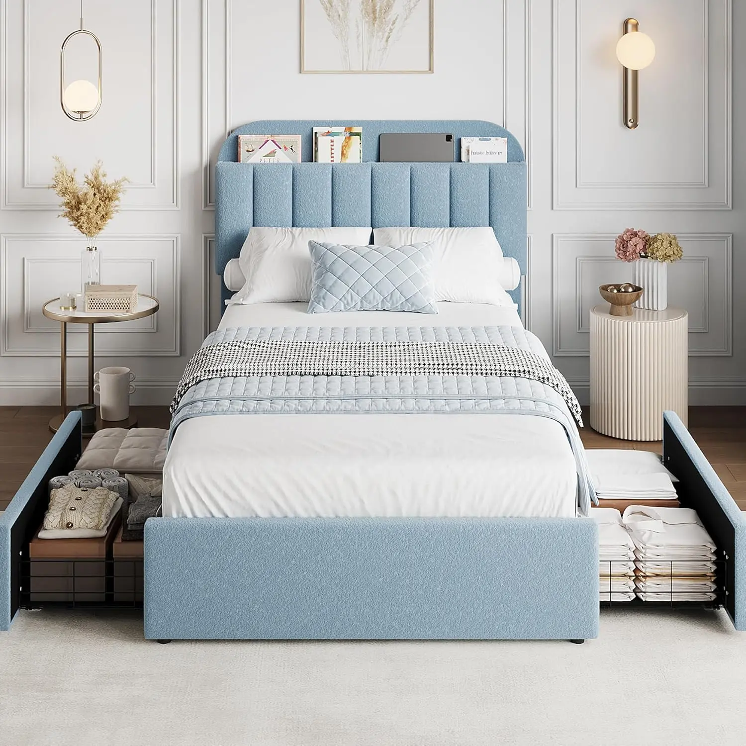 Twin Bed Frame with Storage Headboard, Kids Bed Frame with 2 Drawers, Boucle Upholstered Platform Bed with Bookcase, No Box Spring Needed, Easy Assembly, Blue