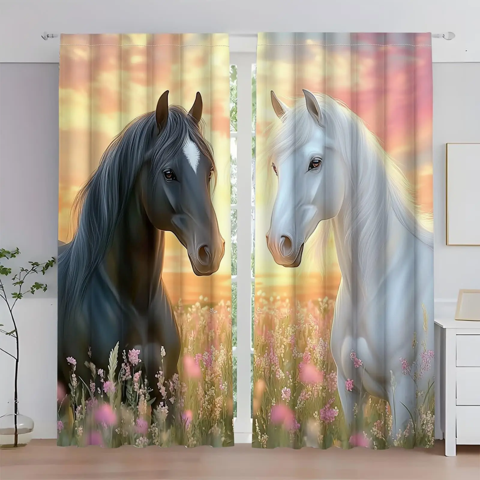 Fashionable Horse-Shaped Curtains Set of 2, Window Curtain, Window Drapes, Perfect for Bedroom Living Room Office Decor, Art Renaissance Style, No Ca Prop 65 Warning