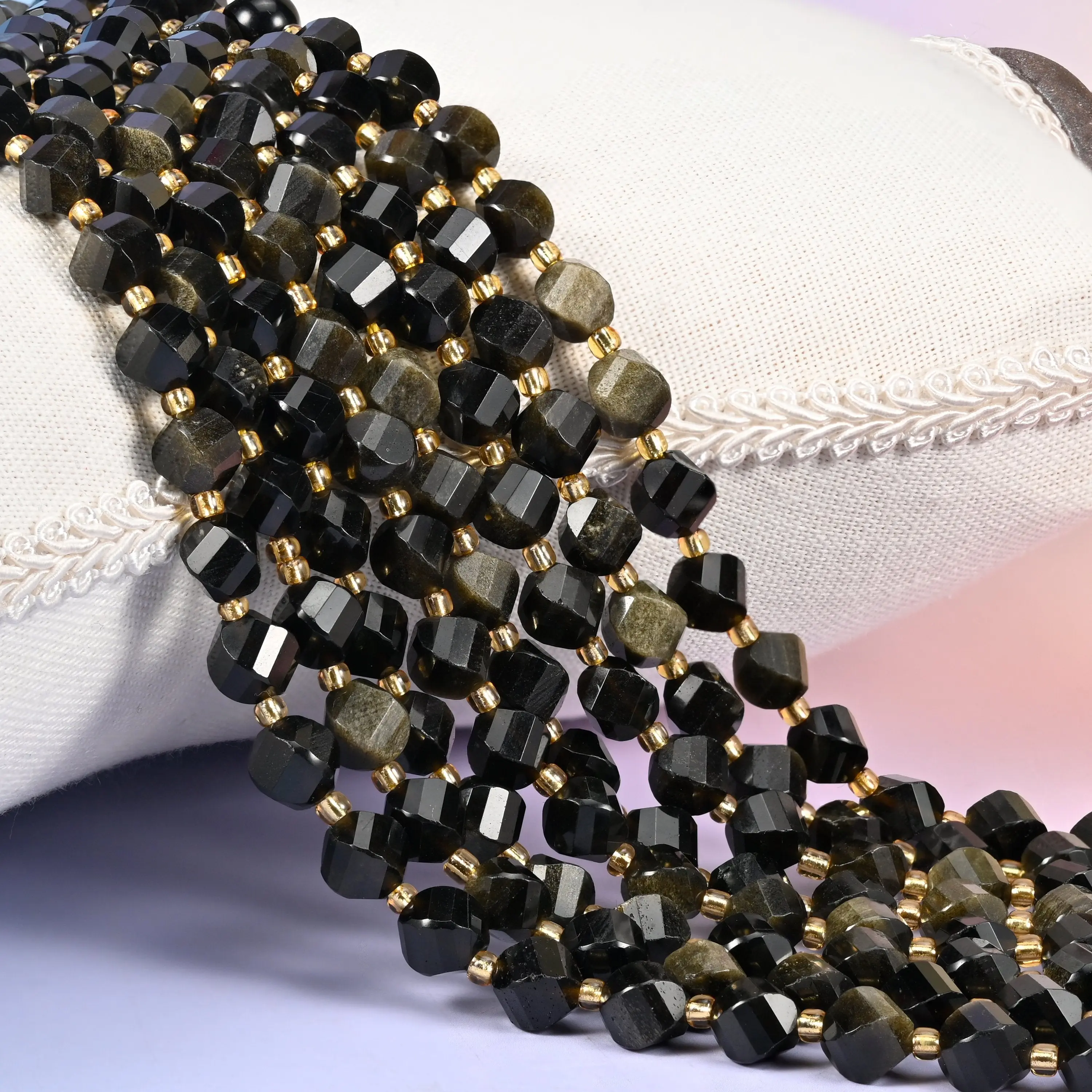 DIY Jewelry Making Gold Obsidian Faceted Twist Beads - 8mm, 10mm, Center Precision-Drilled, 15in Strand for Beading Crafts, Precision Drill