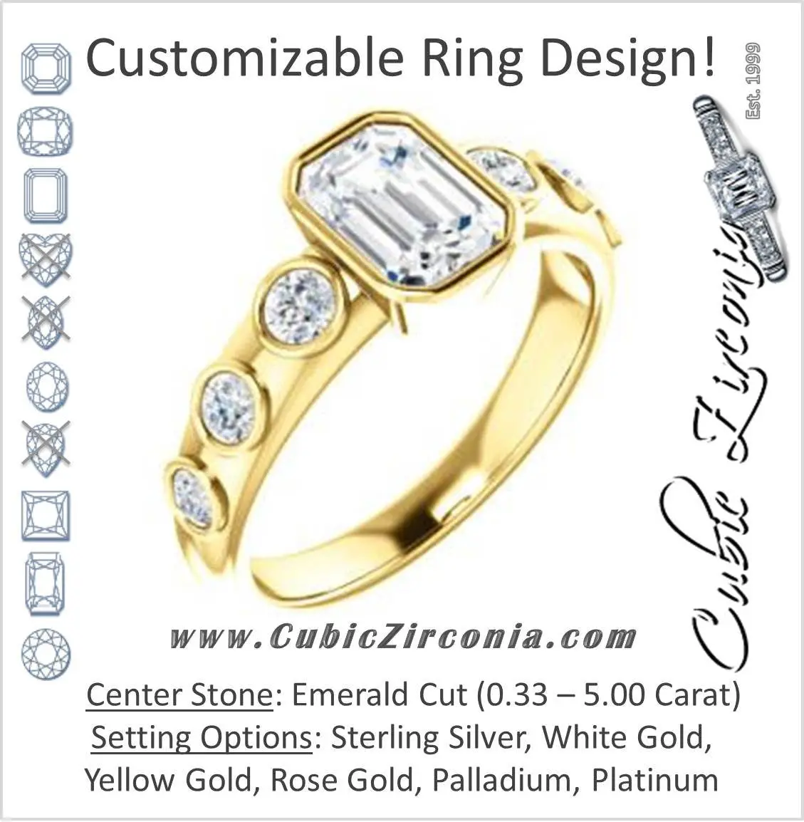 Cubic Zirconia Engagement Ring- The Mabel (Customizable Emerald Cut 7-stone Design with Journey-style Round Bezel Band Accents)