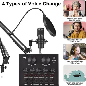External sound card | Driver free plug and play, BM800 condenser microphone set, universal for computers and mobile phones+Bluetooth accompaniment+dual headphone interfaces, dedicated tool for broadcasters/karaoke/voice