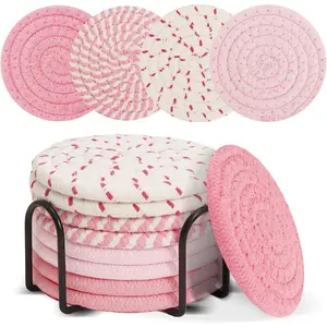 Coasters Set of 8 with Holder,Cute Girly Coasters for Office Desk Decor,Woven Coaster for   Decor,Absorbent Fabric Coaster for Drinks,Housewarming Gifts for Women
