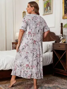 Plus Size Floral Print Ruffle Trim Nightdress, Casual Soft Comfortable Short Sleeve Nightgown for Women, Women's Sleepwear for All Seasons, Soft Sleepwear Loungewear, Sleepwear Dresses