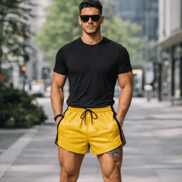 Men Yellow Real Leather Shorts w/ Elastic Band