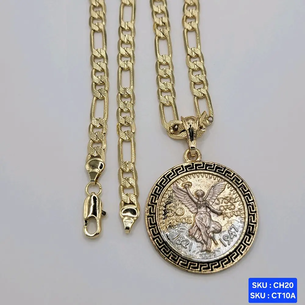 Centenario Pendant 14k color & 3 color Select Pendant Color, chain Figaro link diamond-cut 24 inches 6 millimeters Laminated Gold jewerly. Jewelry Necklace SKU CH20 SKU  CT10, CT10A